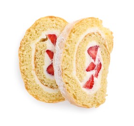 Slices of delicious sponge cake roll with strawberries and cream on white background, top view