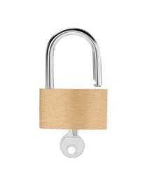 Photo of Steel padlock and key isolated on white