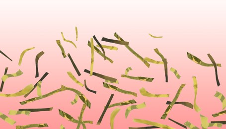 Image of Shiny golden confetti falling on gradient red background. Banner design