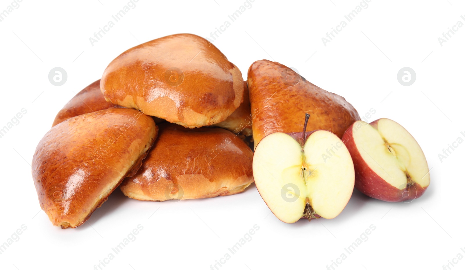 Photo of Delicious baked apple pirozhki and fruits on white background