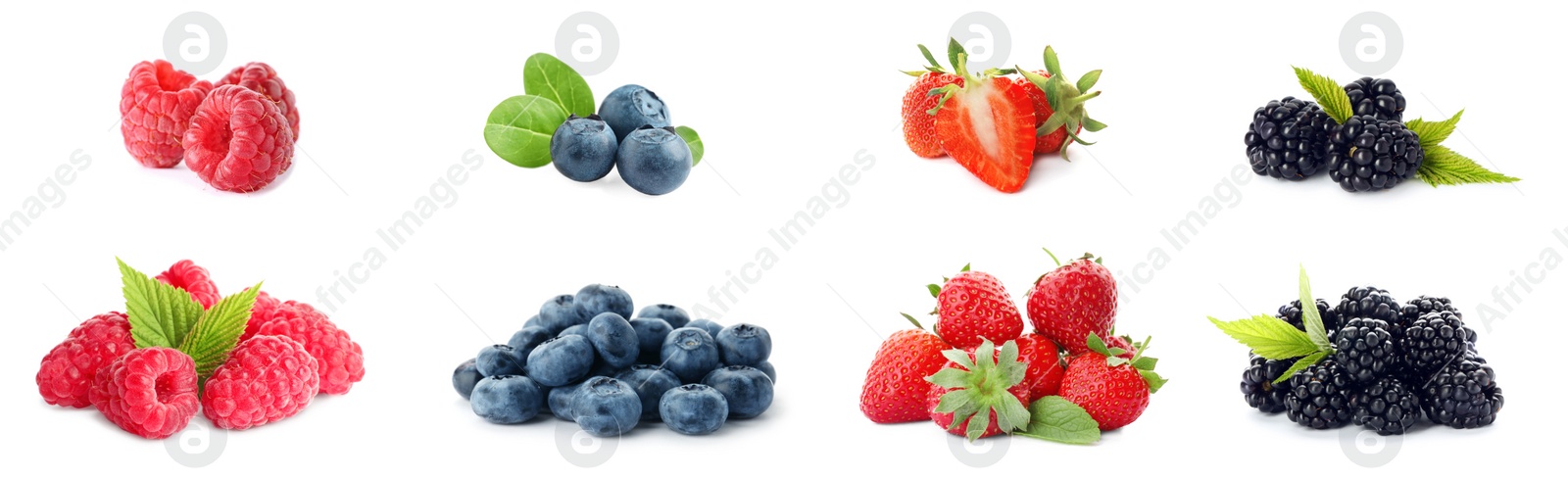 Image of Set of different ripe berries on white background. Banner design