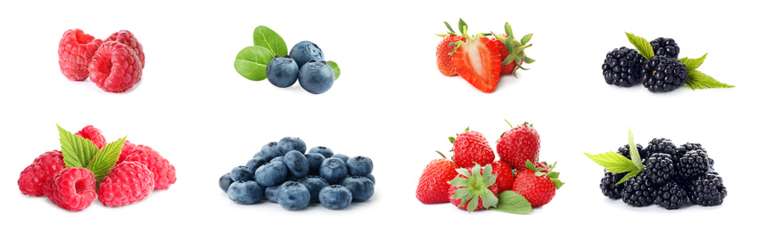 Image of Set of different ripe berries on white background. Banner design