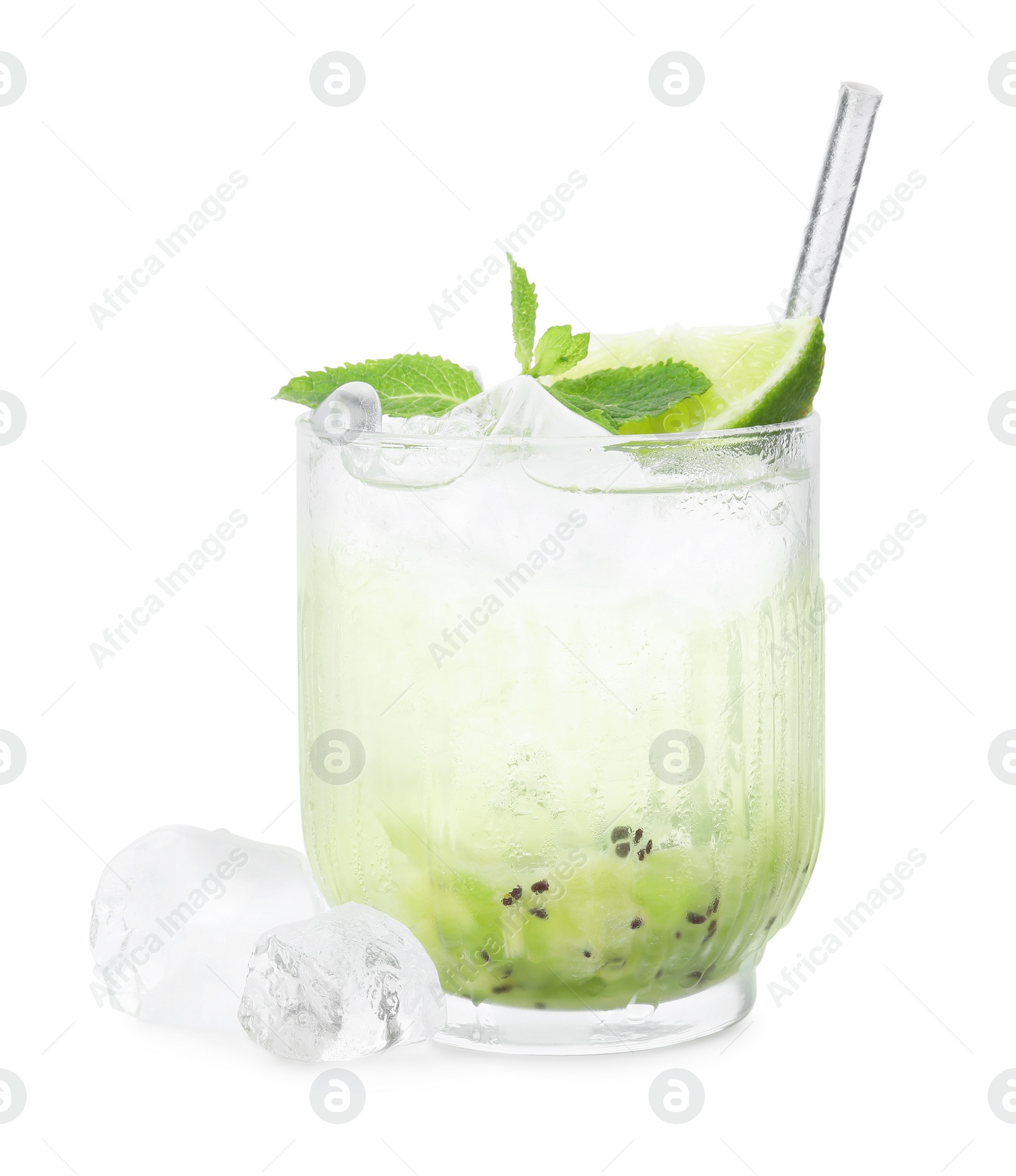 Photo of Glass of refreshing drink with kiwi, lime and mint isolated on white