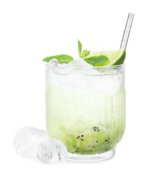 Photo of Glass of refreshing drink with kiwi, lime and mint isolated on white