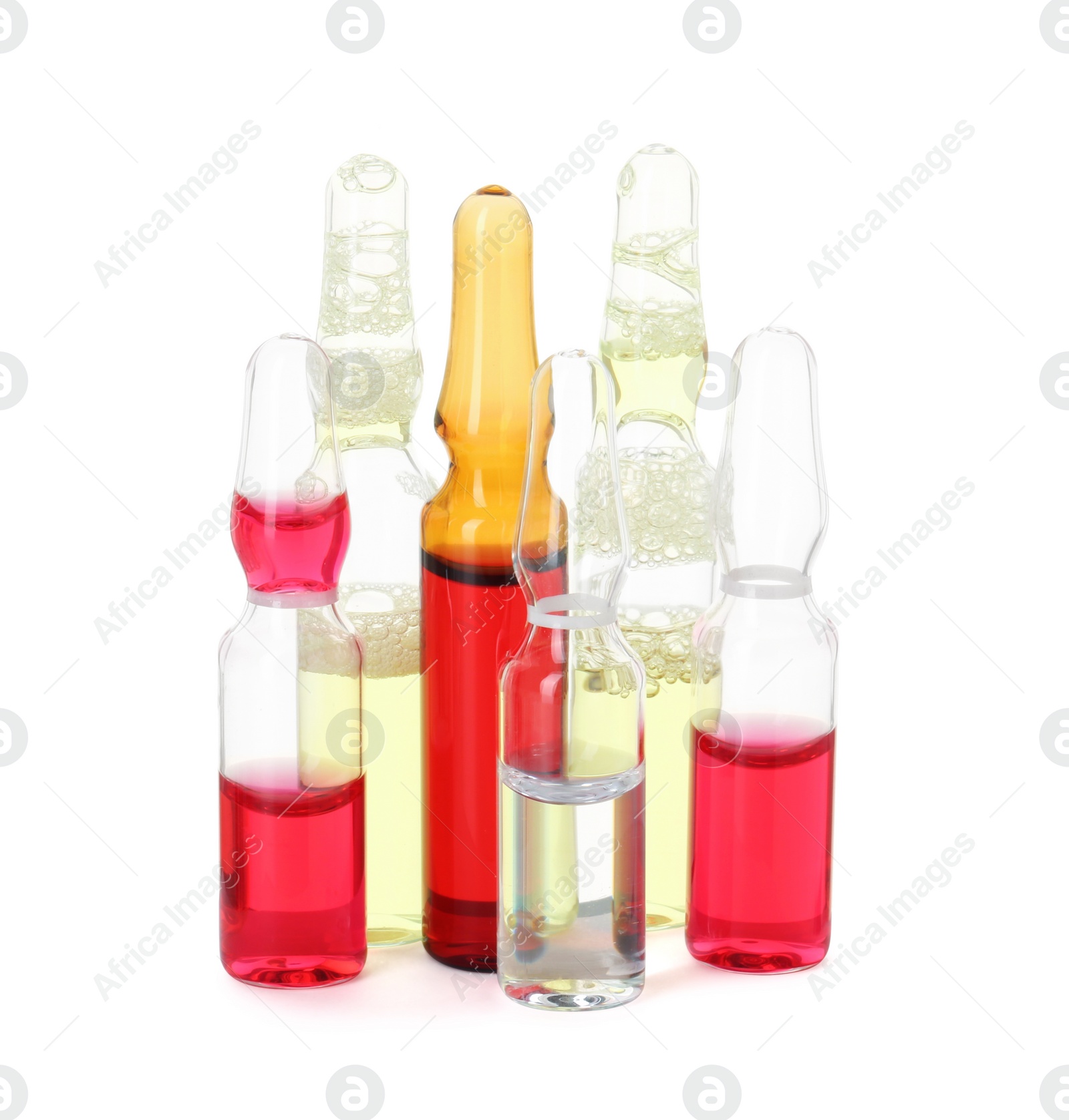 Photo of Glass ampoules with liquid isolated on white