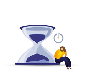 Concept of impending menopause. Worried woman and hourglass on white background, illustration