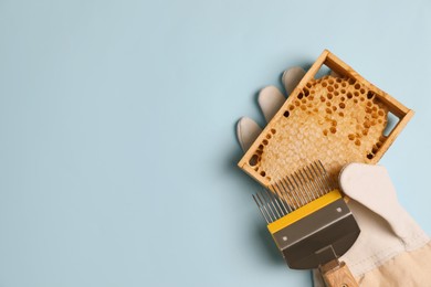 Photo of Honeycomb frame, glove and uncapping fork on light blue background, flat lay with space for text. Beekeeping