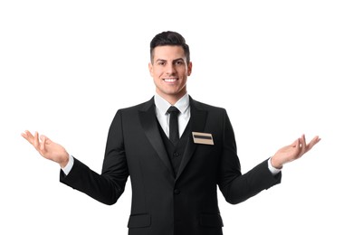 Portrait of happy receptionist in uniform on white background