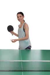 Beautiful young woman playing ping pong on white background