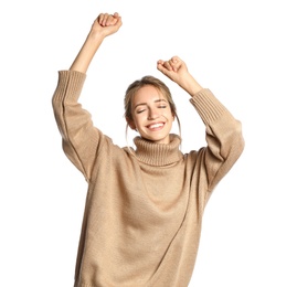 Photo of Beautiful young woman wearing knitted sweater on white background