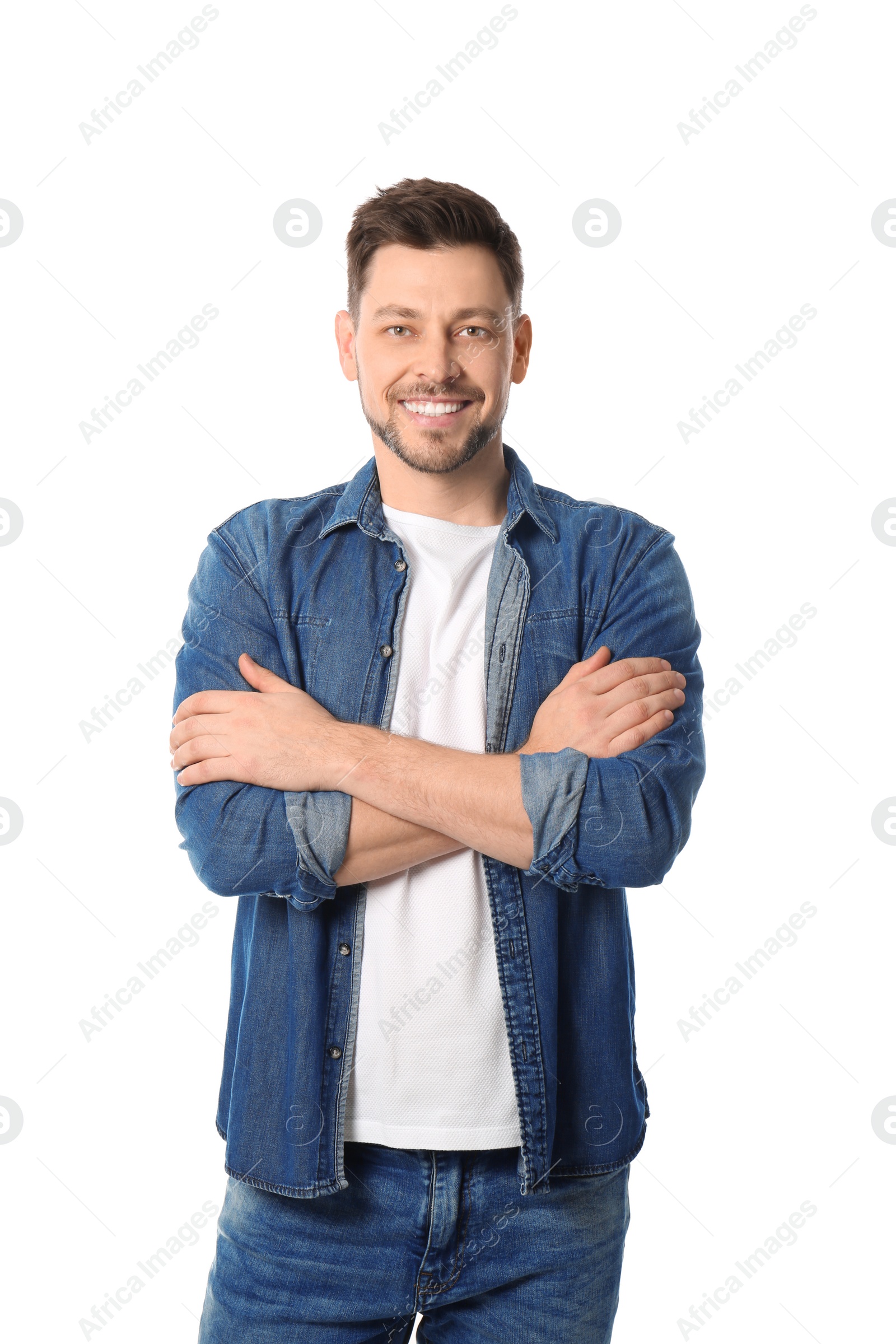 Photo of Portrait of handsome man posing on white background