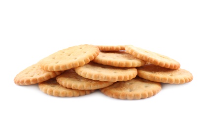 Crispy crackers on white background. Delicious snack