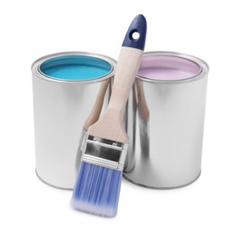 Photo of Cans with different paints and brush on white background