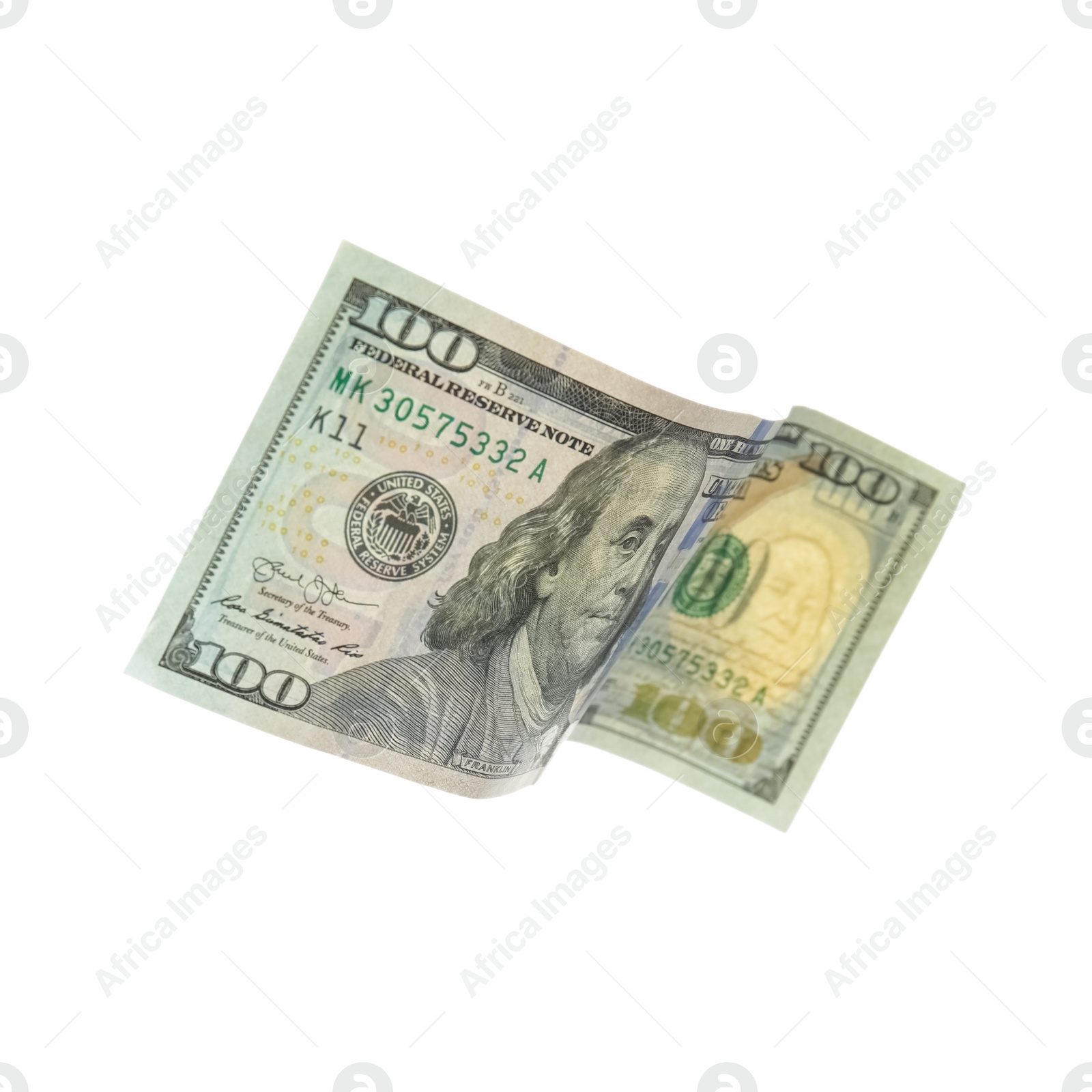 Photo of One hundred dollar banknote on white background. American national currency