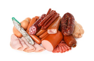 Photo of Different types of sausages isolated on white