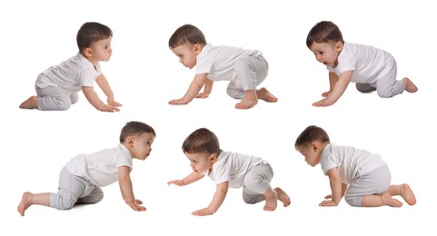 Image of Collage with photos cute little baby crawling on white background. Banner design