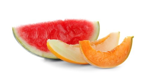 Photo of Tasty slices of melons and watermelon on white background