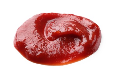 Photo of Fresh tasty red ketchup isolated on white, closeup