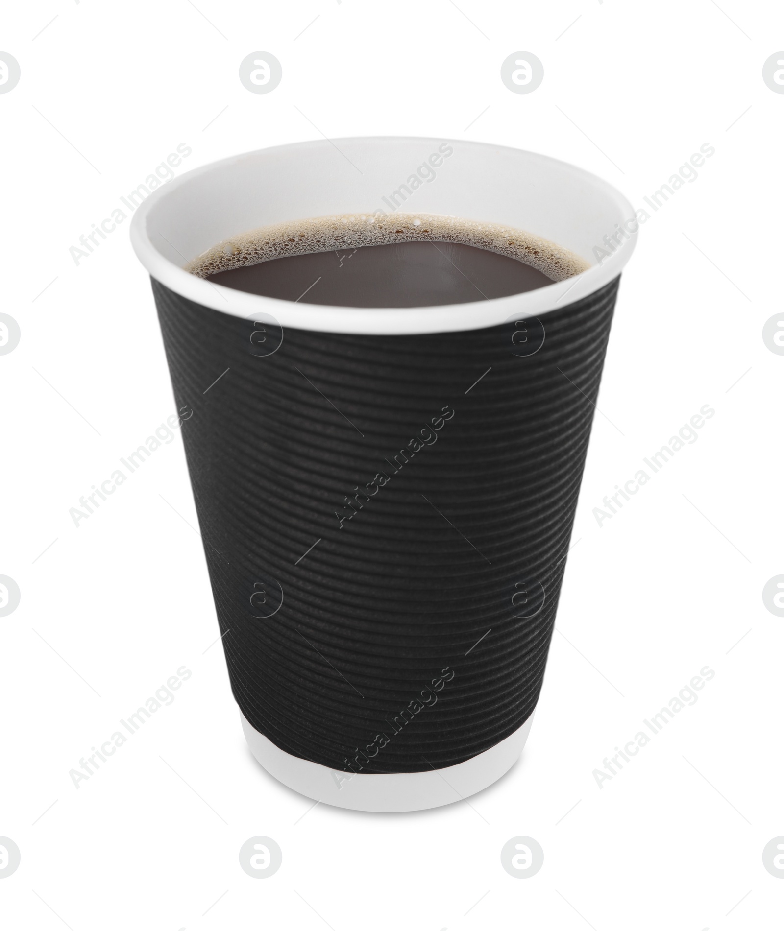 Photo of Black paper cup with hot drink isolated on white. Coffee to go