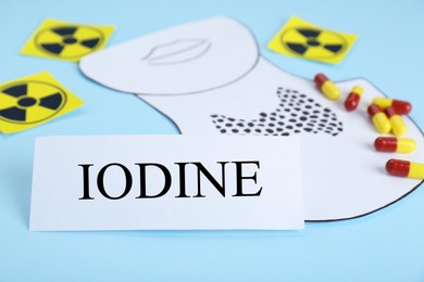 Photo of Paper note with word Iodine, radiation signs, cutout of thyroid gland and pills on light blue background, closeup