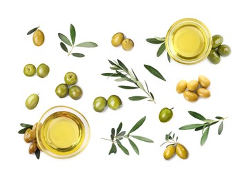 Image of Bowls of oil, ripe olives and leaves on white background, top view