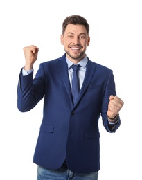 Portrait of emotional businessman posing on white background