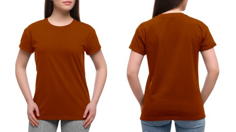Collage with photos of woman in brown t-shirt on white background, closeup. Back and front views for mockup design
