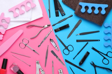 Photo of Set of manicure tools and accessories on color background, flat lay
