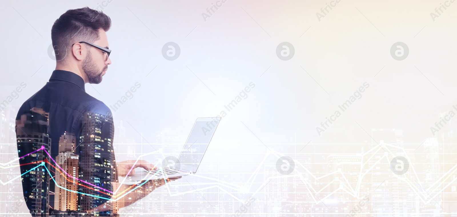 Image of Double exposure of businessman with laptop and cityscape, space for text. Forex trading