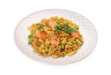 Photo of Tasty rice with shrimps and vegetables isolated on white