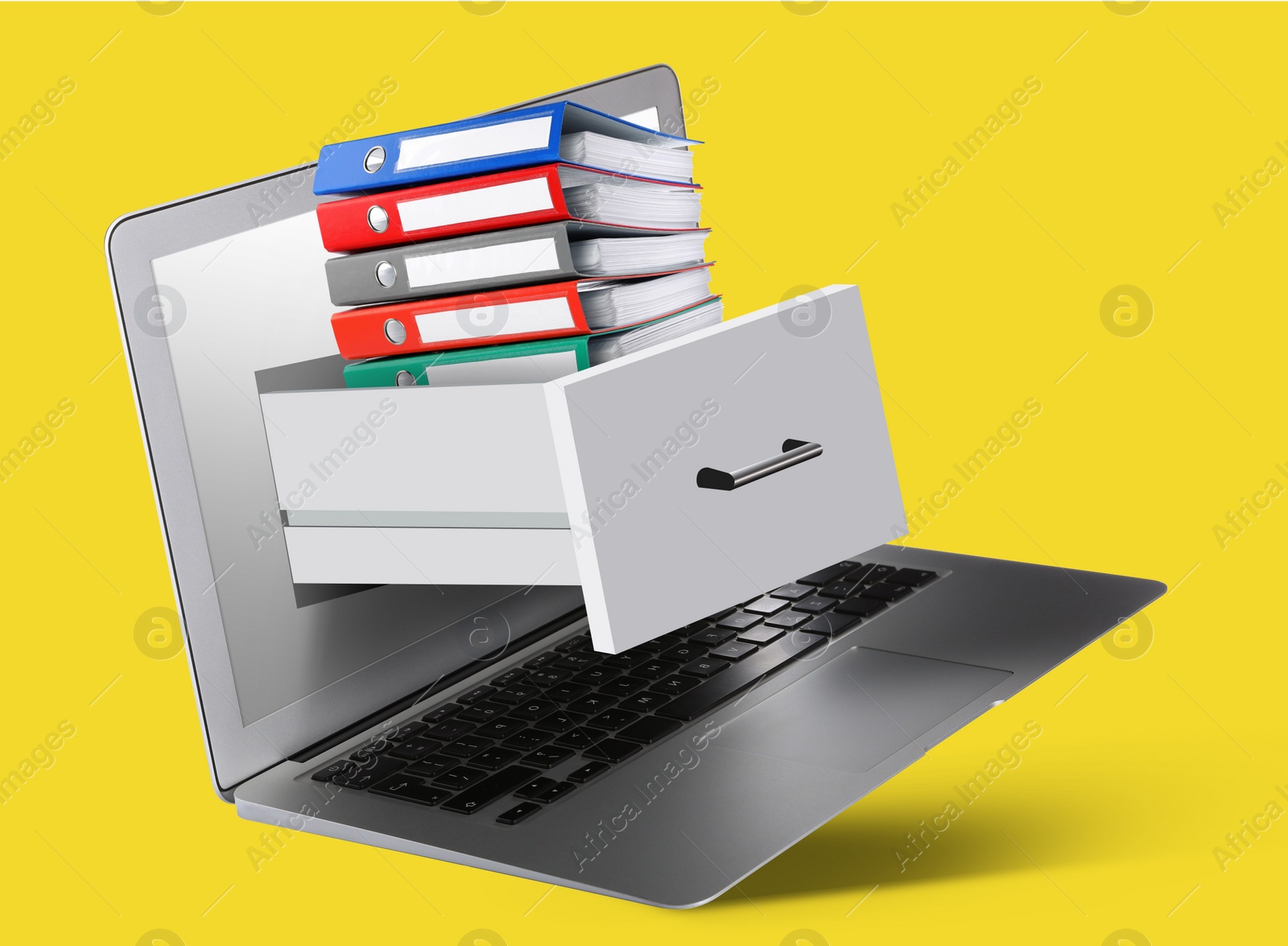 Image of Digital archive. Drawer with stacked folders sticking out of laptop screen on yellow background