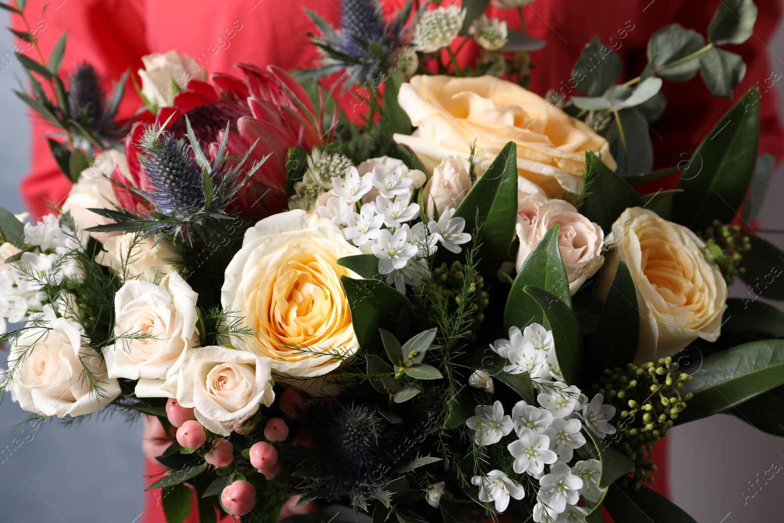 Photo of Woman with bouquet of beautiful roses, closeup