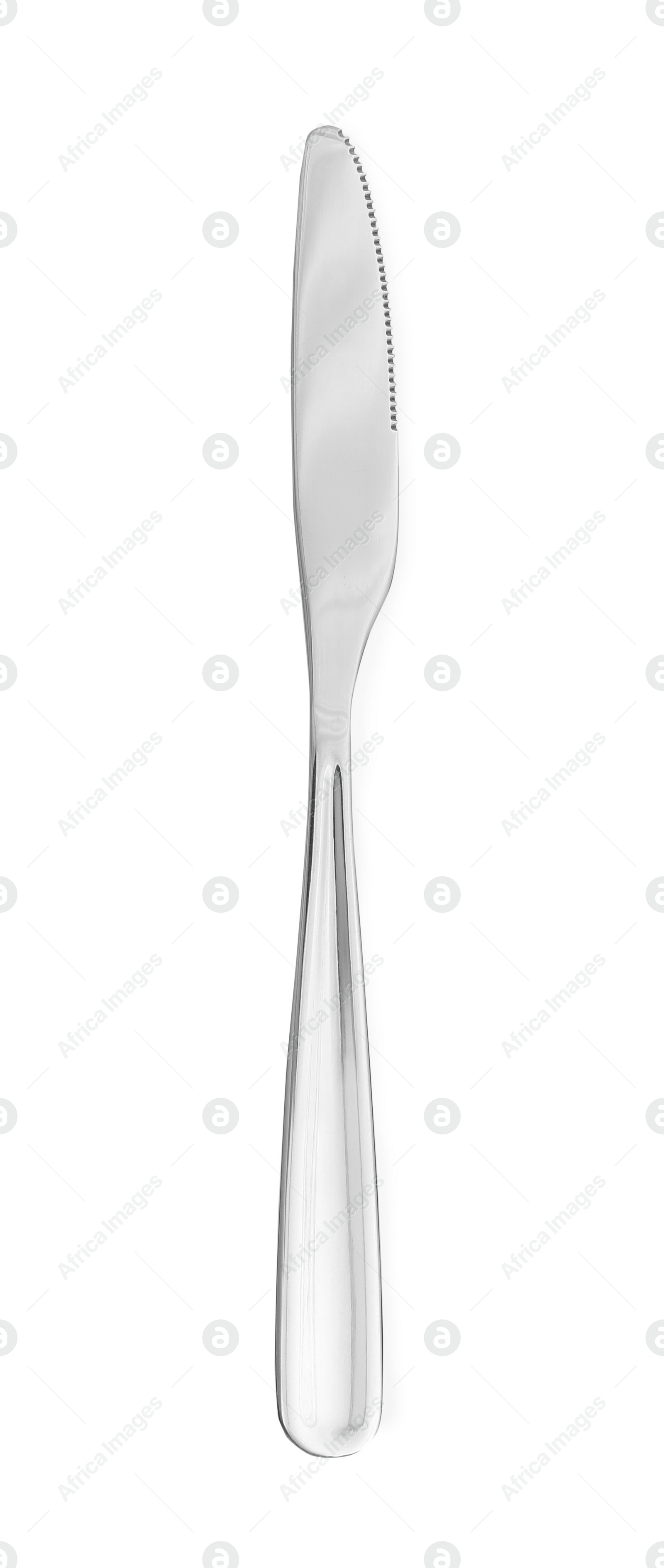 Photo of One new shiny knife isolated on white, top view