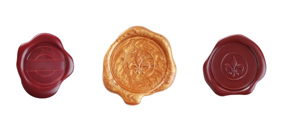 Image of Set with different wax seals on white background, top view. Banner design 