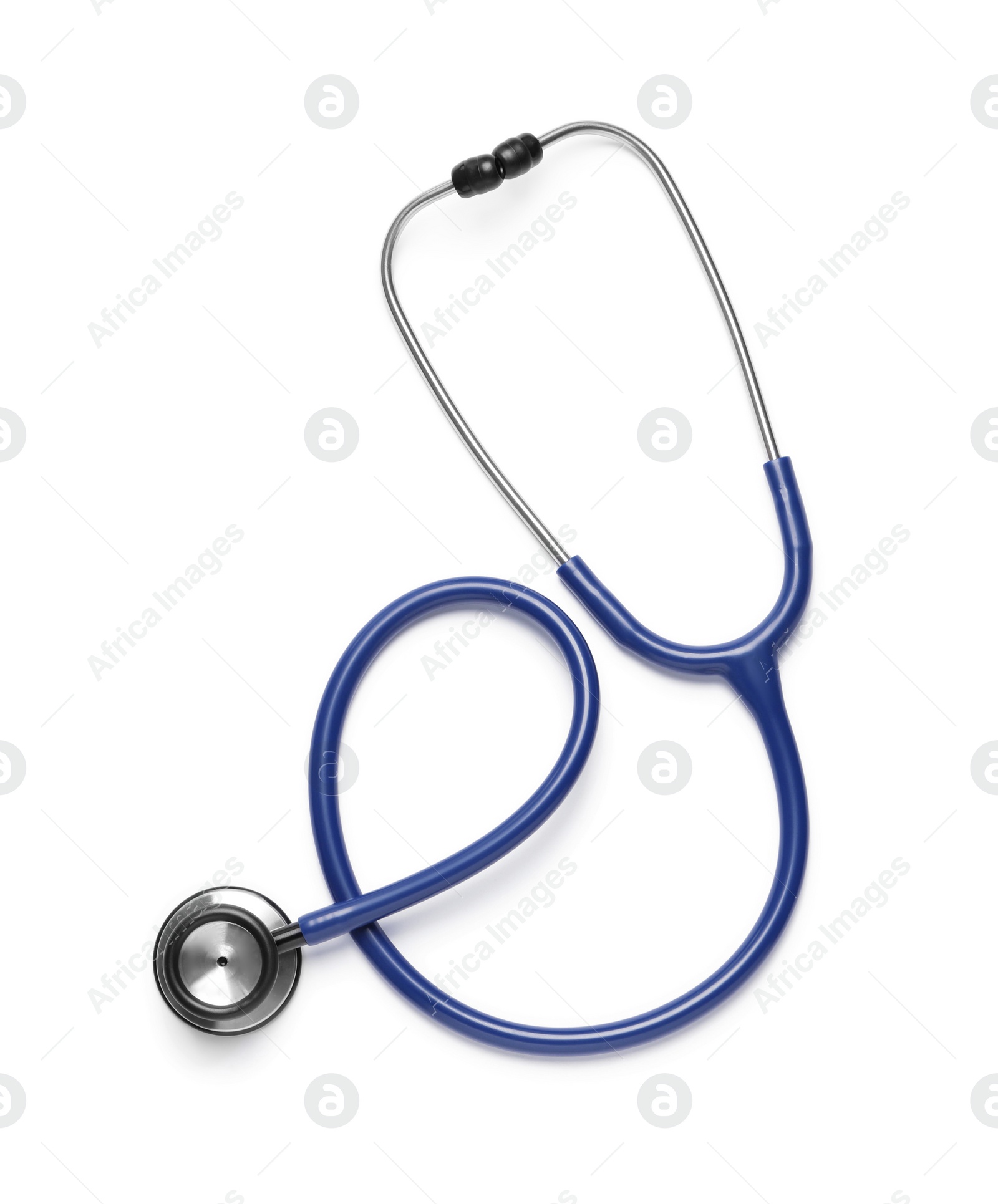 Photo of Modern stethoscope on white background, top view