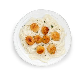 Photo of Delicious scallop pasta in plate isolated on white, top view