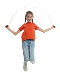 Photo of Cute little girl with jump rope on white background