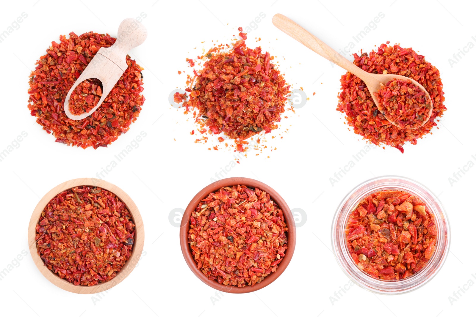 Image of Aromatic spices. Red chili pepper flakes on white background, top view