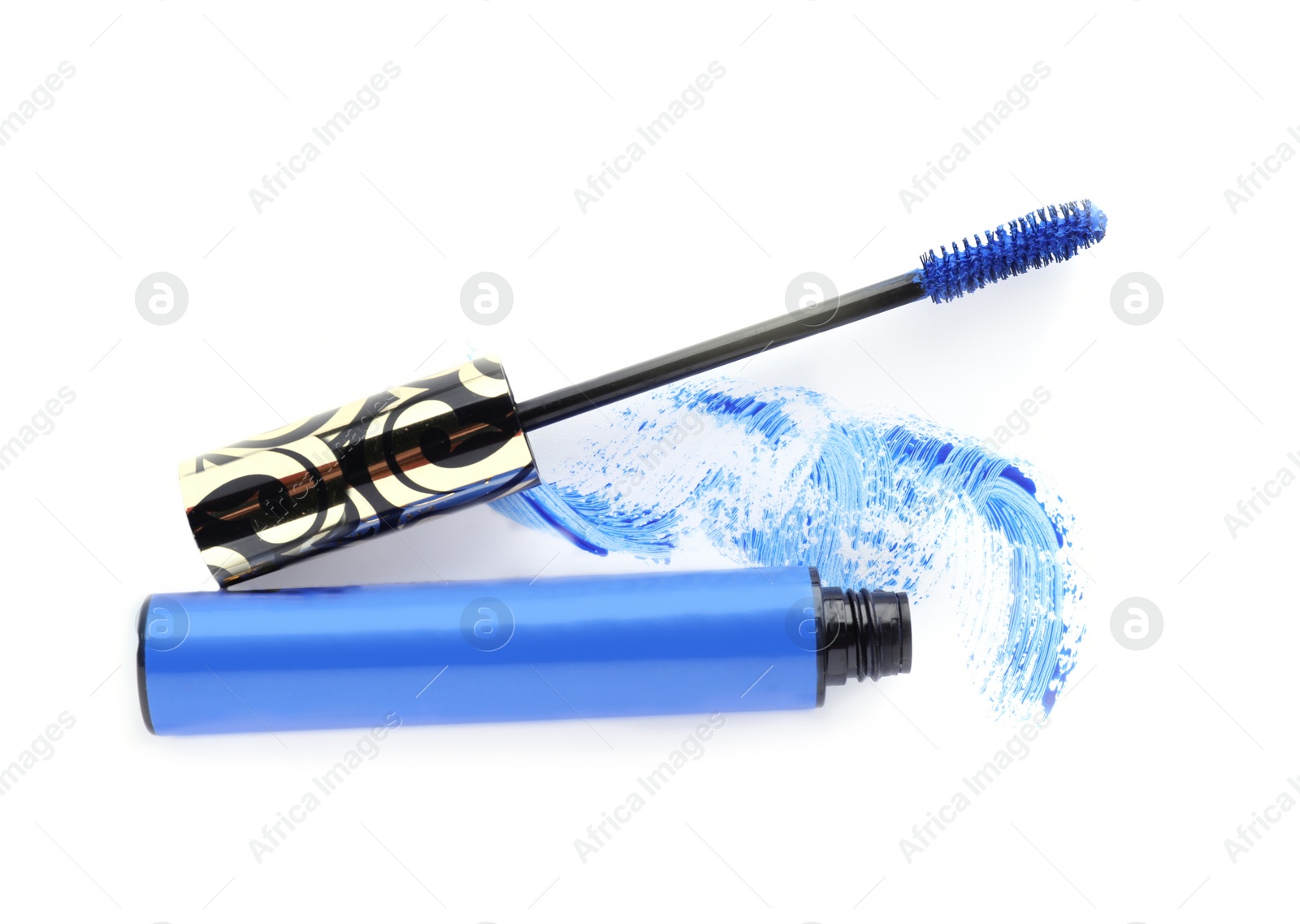 Photo of Applicator, mascara for eyelashes and blue smear on white background, top view