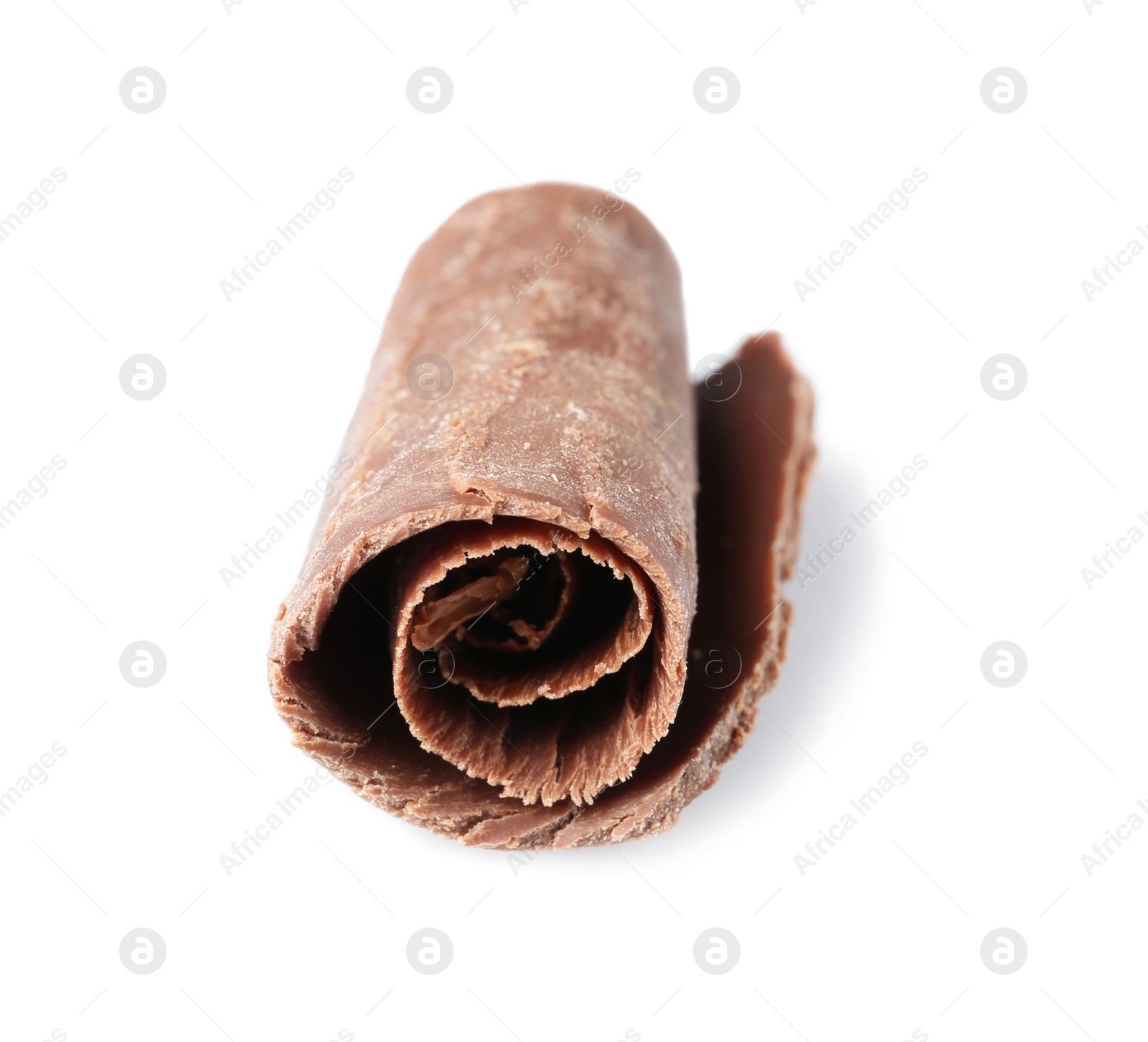 Photo of Curl of tasty chocolate on white background