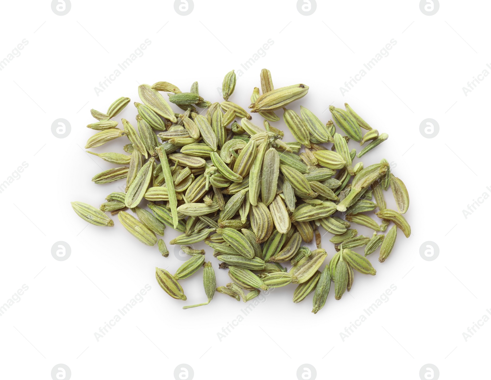 Photo of Pile of dry fennel seeds isolated on white, top view