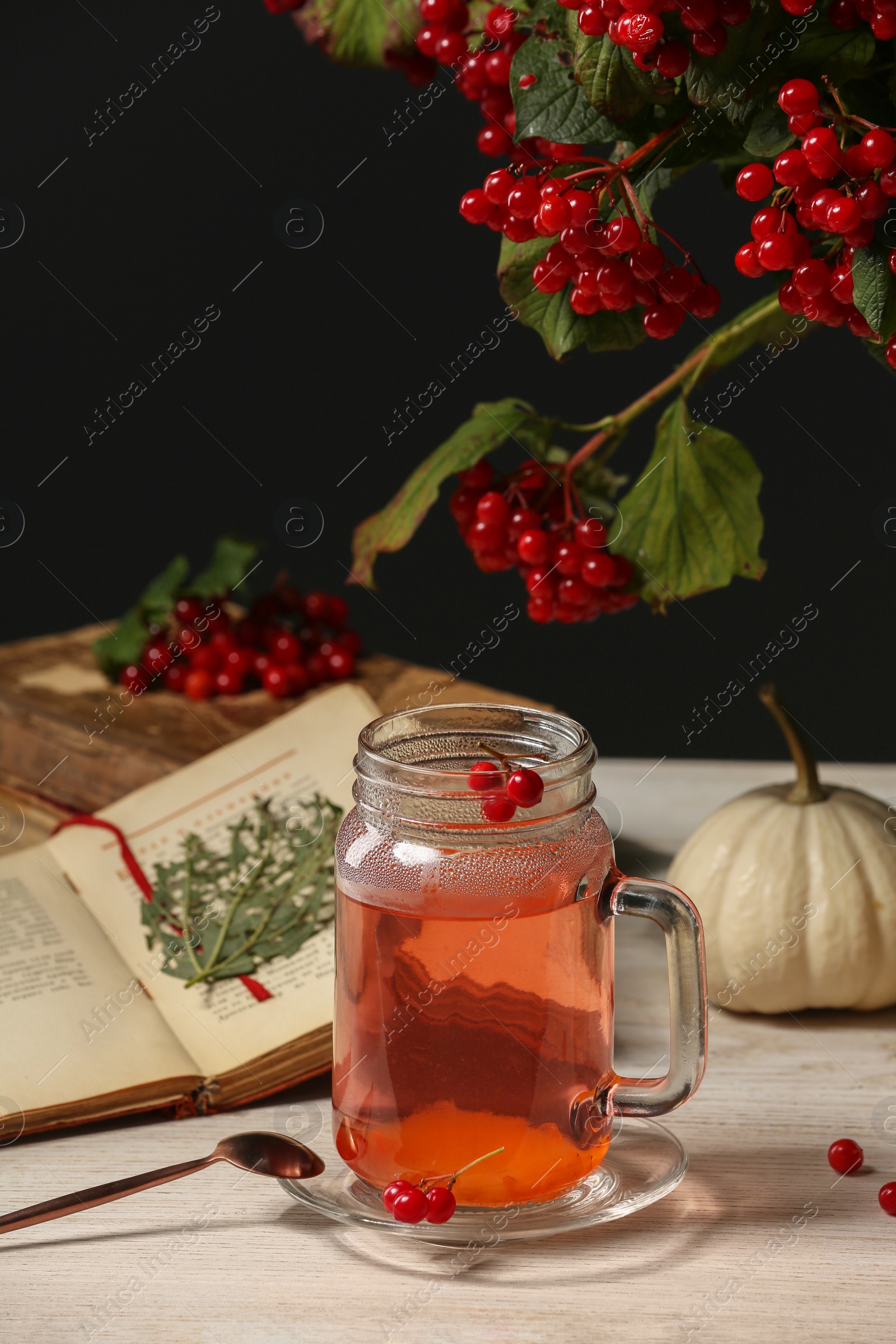 Photo of Delicious viburnum tea, book and pumpkin on wooden table against dark background. Cozy autumn atmosphere