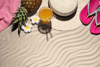 Image of Beach accessories on sand, flat lay with space for text. Summer party