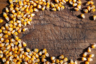Photo of Corn seeds on wooden background, flat lay with space for text. Vegetable planting