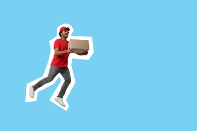 Image of Surprised courier with parcel running on light blue background, space for text