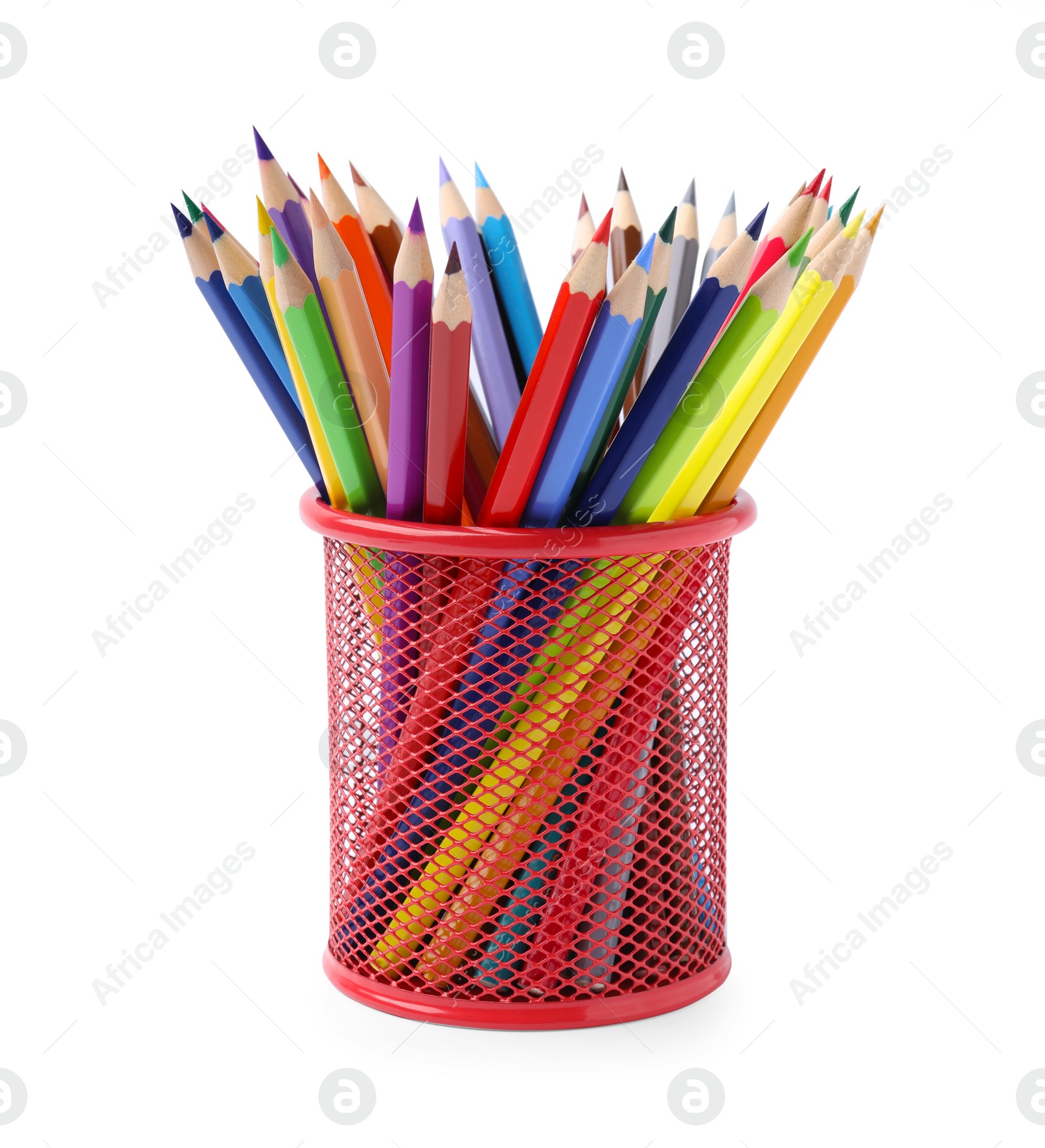 Photo of Many different colorful pencils in holder isolated on white