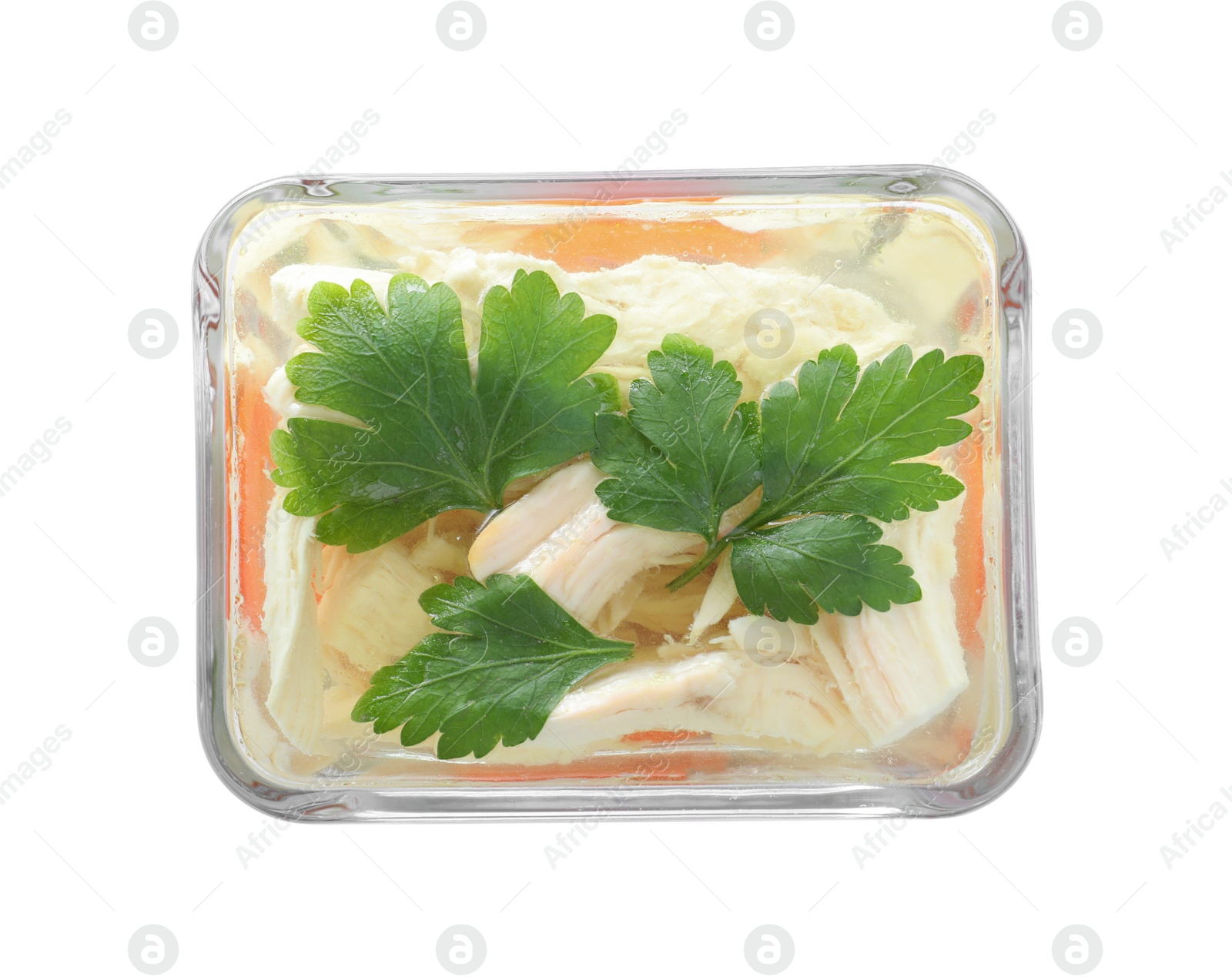 Photo of Delicious chicken aspic in glass bowl isolated on white, top view