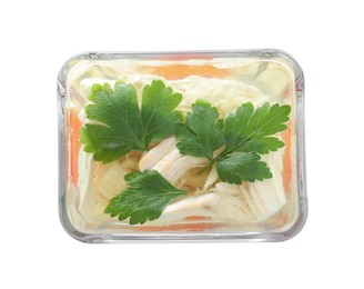 Delicious chicken aspic in glass bowl isolated on white, top view