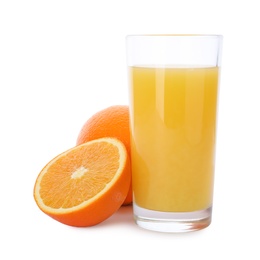 Photo of Glass of orange juice and fresh fruit isolated on white