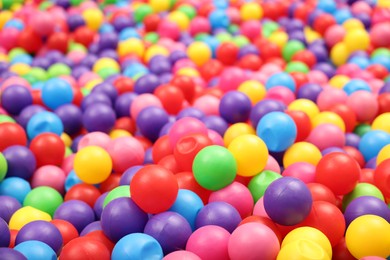 Photo of Many colorful balls as background, closeup. Kid's playroom